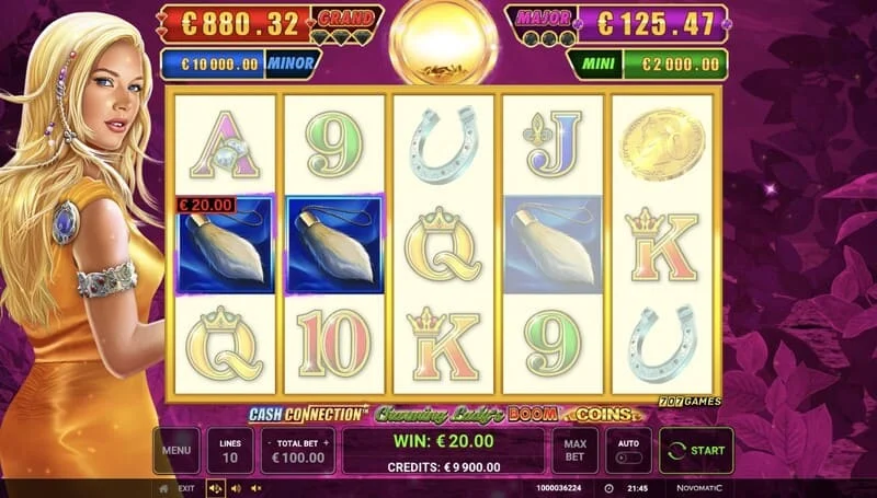Cash Connection - Charming Lady's Boom Coins – Basisbildschirm mit Liniengewinn